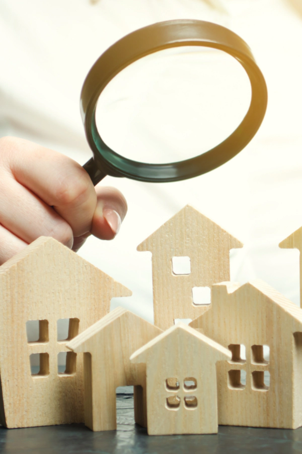 person holding a magnifying glass over cardboard figures in a house